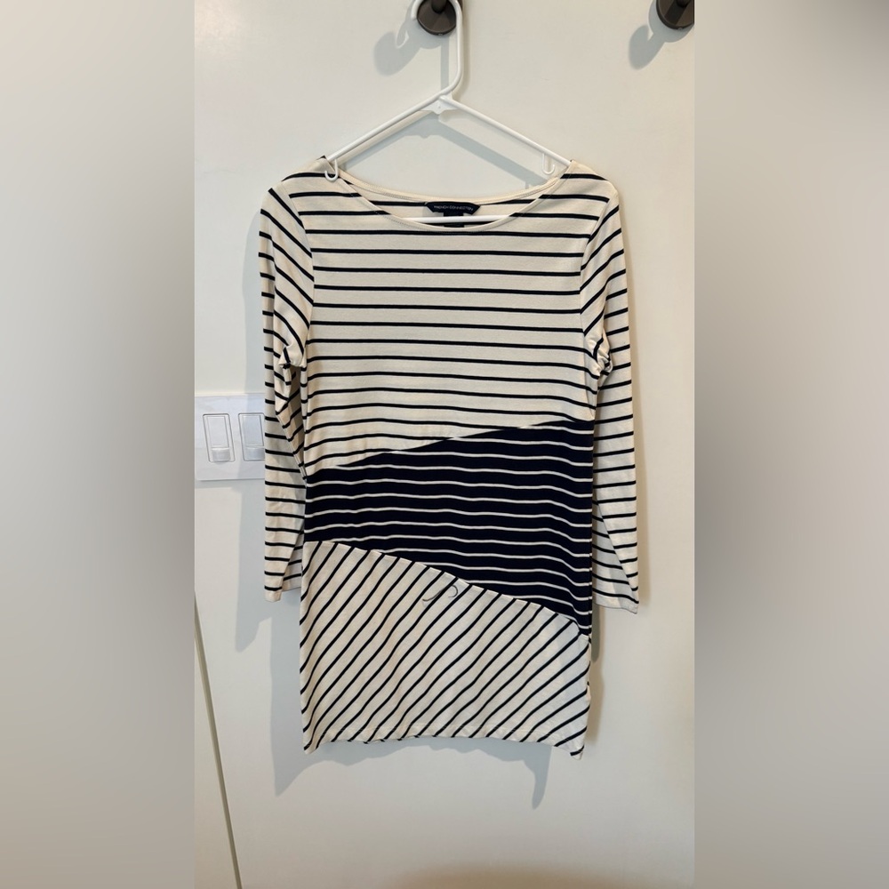 French Connection Navy and Cream Striped Long Sleeve Dress